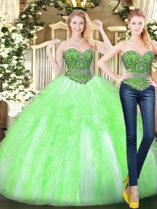 Captivating Floor Length Yellow Green Ball Gown Prom Dress Tulle Sleeveless Beading and Ruffles