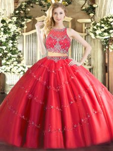 Luxury Floor Length Two Pieces Sleeveless Red Quinceanera Gowns Zipper