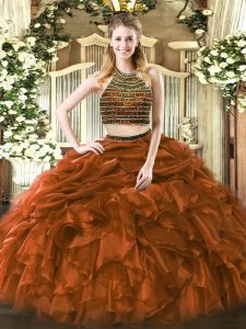 Glamorous Floor Length Brown 15 Quinceanera Dress Tulle Sleeveless Beading and Ruffles