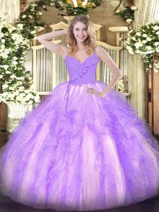 Beauteous Lavender Organza Zipper Spaghetti Straps Sleeveless Floor Length Sweet 16 Dress Ruffles