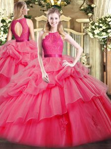 Gorgeous Coral Red Organza Zipper 15 Quinceanera Dress Sleeveless Floor Length Lace and Ruffled Layers