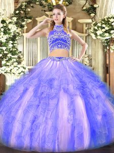 Lavender 15th Birthday Dress Military Ball and Sweet 16 and Quinceanera with Beading and Ruffles High-neck Sleeveless Backless