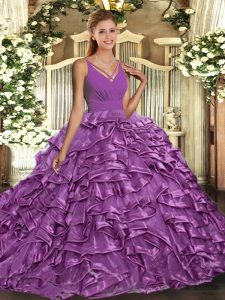 Affordable Taffeta V-neck Sleeveless Backless Beading and Ruffles 15th Birthday Dress in Lavender