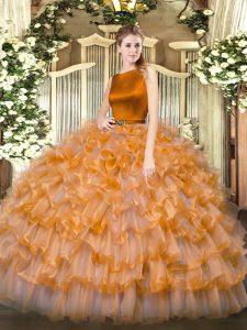 Orange Red Sleeveless Organza Clasp Handle 15 Quinceanera Dress for Military Ball and Sweet 16 and Quinceanera