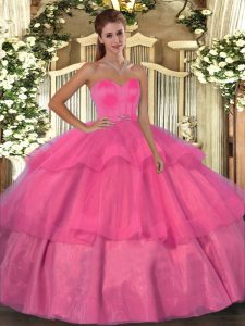 Unique Sweetheart Sleeveless 15 Quinceanera Dress Floor Length Beading and Ruffled Layers Hot Pink Organza