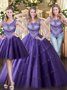 Purple Ball Gowns Tulle Scoop Sleeveless Beading Floor Length Lace Up Quinceanera Gown