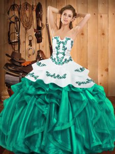 Romantic Turquoise Satin and Organza Lace Up Strapless Sleeveless Floor Length Sweet 16 Quinceanera Dress Embroidery and Ruffles