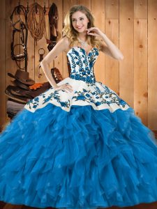 Modest Tulle Sweetheart Sleeveless Lace Up Embroidery and Ruffles Quince Ball Gowns in Teal