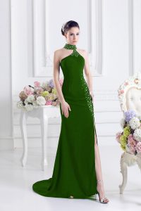Decent Green Evening Dress Halter Top Sleeveless Sweep Train Lace Up