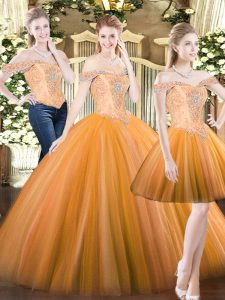 Custom Fit Orange Red Off The Shoulder Lace Up Beading Ball Gown Prom Dress Sleeveless