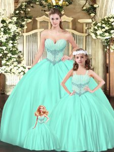 Gorgeous Sleeveless Tulle Floor Length Lace Up Quinceanera Dresses in Aqua Blue with Beading