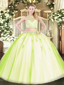 Sleeveless Floor Length Beading Zipper Sweet 16 Dresses with Yellow Green