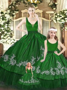 Custom Fit Ball Gowns 15 Quinceanera Dress Green V-neck Organza Sleeveless Floor Length Zipper