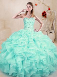 Perfect Aqua Blue Ball Gowns Beading and Ruffles Ball Gown Prom Dress Lace Up Organza Sleeveless Floor Length