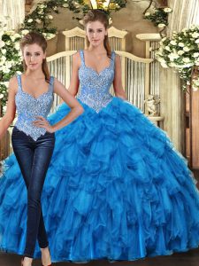 Decent Straps Sleeveless Sweet 16 Quinceanera Dress Floor Length Beading and Ruffles Teal Tulle