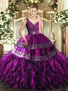Beading and Ruffles and Ruching Quinceanera Dresses Purple Backless Sleeveless Floor Length