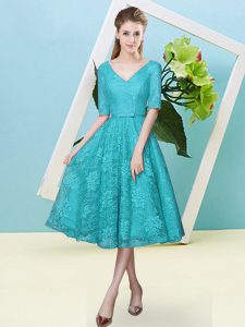 Custom Design Bowknot Vestidos de Damas Teal Lace Up Half Sleeves Tea Length