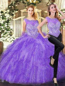Nice Eggplant Purple Ball Gowns Organza Scoop Sleeveless Beading and Ruffles Floor Length Zipper Quinceanera Gown