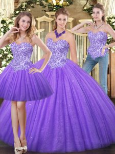 Dazzling Sweetheart Sleeveless Quinceanera Dress Floor Length Appliques Eggplant Purple Tulle