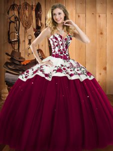 Fantastic Burgundy Ball Gowns Embroidery Sweet 16 Dress Lace Up Satin and Tulle Sleeveless Floor Length