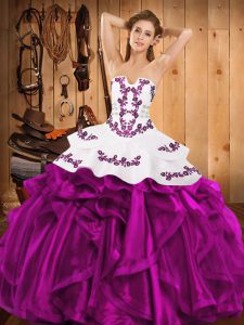 Nice Fuchsia Sleeveless Floor Length Embroidery and Ruffles Lace Up Sweet 16 Dresses