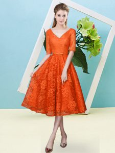 Orange Red Quinceanera Court Dresses Prom and Party and Wedding Party with Bowknot V-neck Half Sleeves Lace Up