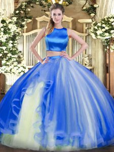 Superior Blue Sleeveless Floor Length Ruffles Criss Cross Quinceanera Dress
