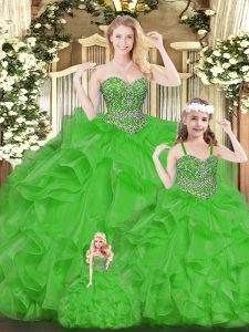 Floor Length Lace Up Quinceanera Dresses Green for Military Ball and Sweet 16 and Quinceanera with Beading and Ruffles