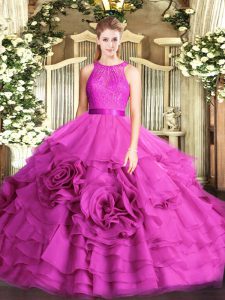 Sumptuous Fabric With Rolling Flowers Scoop Sleeveless Zipper Lace Quince Ball Gowns in Fuchsia