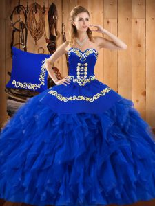 Luxury Blue Ball Gowns Satin and Organza Sweetheart Sleeveless Embroidery and Ruffles Floor Length Lace Up 15 Quinceanera Dress