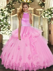 Tulle Sleeveless Floor Length Sweet 16 Quinceanera Dress and Beading and Ruffles