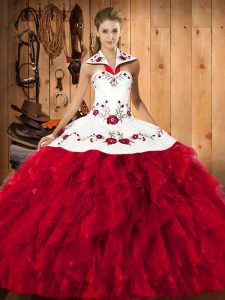 Shining Floor Length Red Quinceanera Gowns Halter Top Sleeveless Lace Up