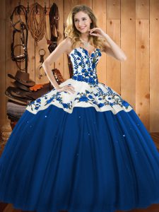 Enchanting Blue Satin and Tulle Lace Up Quinceanera Gown Sleeveless Floor Length Embroidery