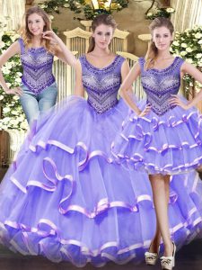 Scoop Sleeveless Lace Up Vestidos de Quinceanera Lavender Tulle