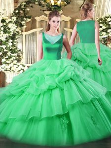 Apple Green Organza Side Zipper Scoop Sleeveless Floor Length 15 Quinceanera Dress Beading and Appliques and Pick Ups
