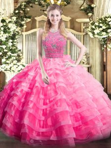 Extravagant Sleeveless Floor Length Beading and Ruffled Layers Zipper Vestidos de Quinceanera with Rose Pink