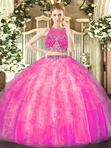 Fuchsia Two Pieces Tulle Scoop Sleeveless Beading and Ruffles Floor Length Zipper Sweet 16 Quinceanera Dress
