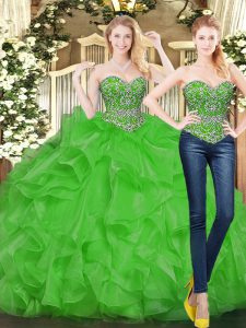 Green Ball Gowns Sweetheart Sleeveless Tulle Floor Length Lace Up Beading and Ruffles Quinceanera Gown
