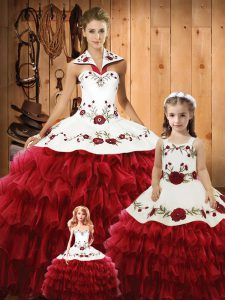 Classical Floor Length Wine Red Quinceanera Dresses Halter Top Sleeveless Lace Up