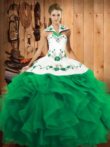 Trendy Turquoise Halter Top Neckline Embroidery and Ruffles Quinceanera Dresses Sleeveless Lace Up