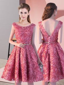 Elegant Lace Scoop Sleeveless Lace Up Belt Prom Party Dress in Coral Red