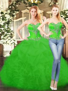 Romantic Organza Sweetheart Sleeveless Lace Up Beading and Ruffles 15th Birthday Dress in Green