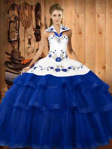 Fantastic Blue Lace Up Halter Top Embroidery and Ruffled Layers Vestidos de Quinceanera Organza Sleeveless Sweep Train