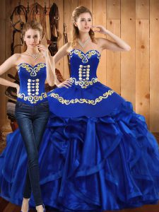 Ideal Royal Blue Two Pieces Organza Sweetheart Sleeveless Embroidery and Ruffles Floor Length Lace Up Quinceanera Gowns