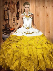 Embroidery and Ruffles Sweet 16 Quinceanera Dress Gold Lace Up Sleeveless Floor Length
