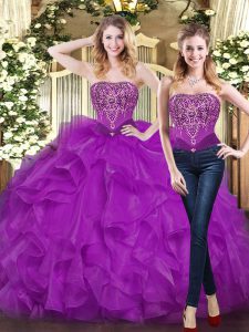 Fitting Sleeveless Beading and Ruffles Lace Up Quince Ball Gowns