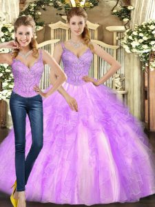 High Class Floor Length Lilac Sweet 16 Quinceanera Dress Straps Sleeveless Lace Up