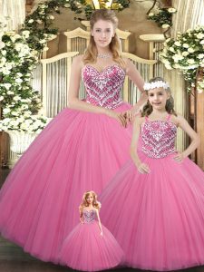 Attractive Rose Pink Sweetheart Neckline Beading 15 Quinceanera Dress Sleeveless Lace Up