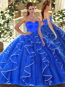 Classical Blue Sleeveless Beading and Ruffles Floor Length Sweet 16 Dress