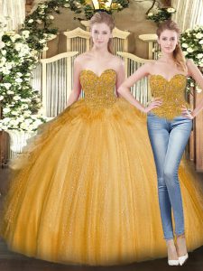 New Arrival Gold Lace Up Quinceanera Dress Beading and Ruffles Sleeveless Floor Length